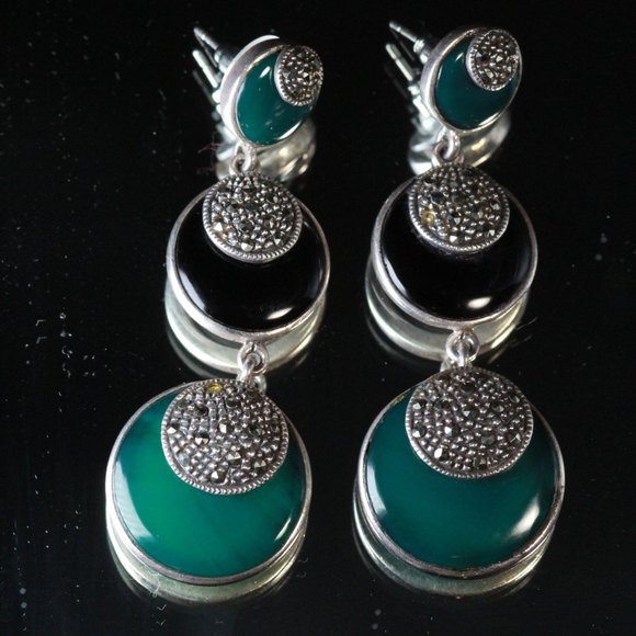 STERLING SILVER DECO ONYX CHALCEDONY LONG EARRINGS - Picture 2 of 12